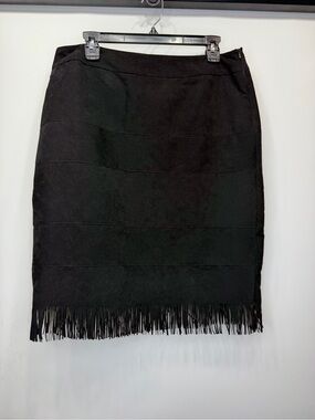 Western Boho Fringe-Hem Black Suede Pencil Skirt